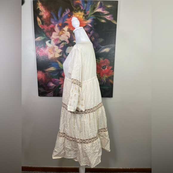 Dress Naoo Cream Boho Gold Stitch Embroidered Cotton Dress Made in India S - Picture 5 of 10